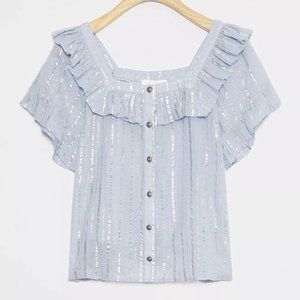 NWT Anthropologie Ruffle Blue Leora Shimmer Blouse SP